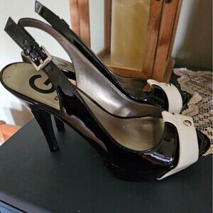 G by Guess Women's 8 Black & White Patent LTHR Look Platform Stiletto Heel Shoes